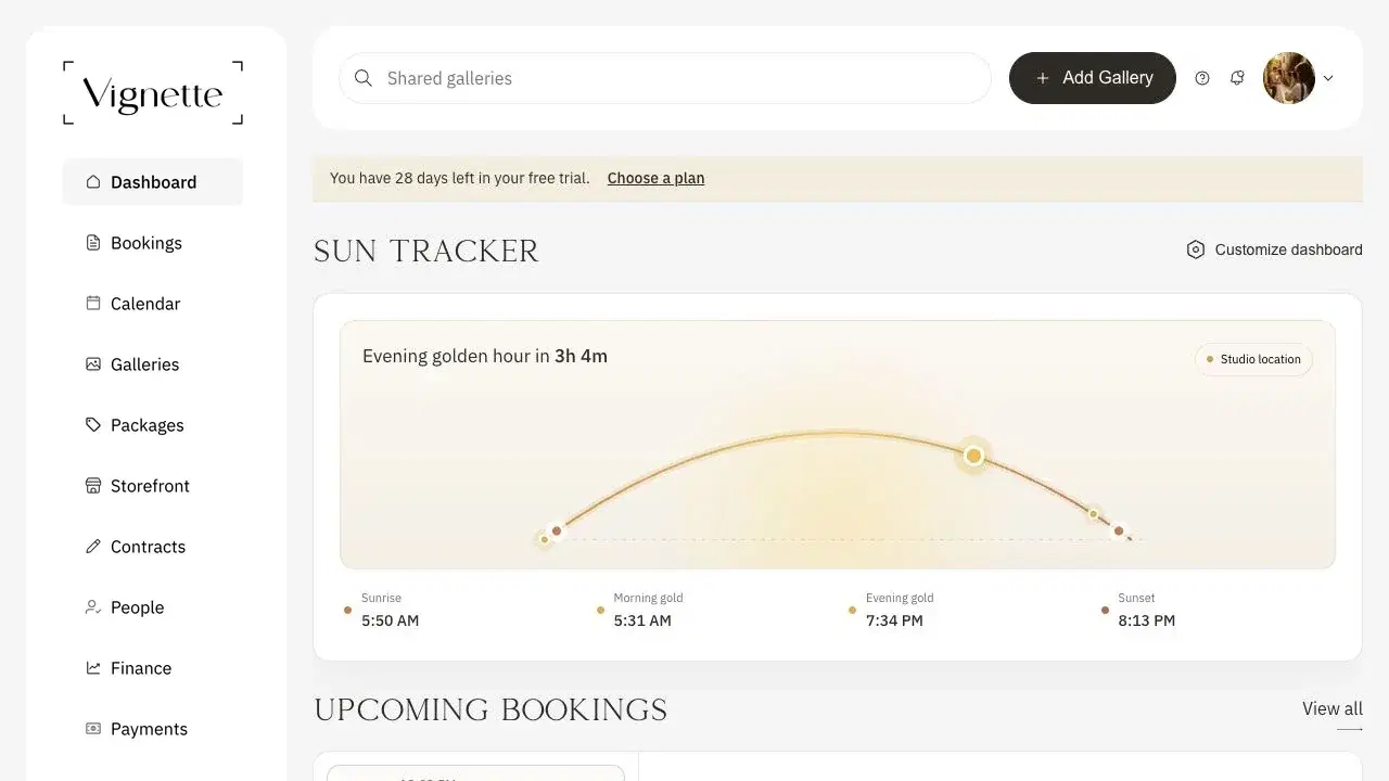 Vignette dashboard showing golden-hour timing and upcoming bookings