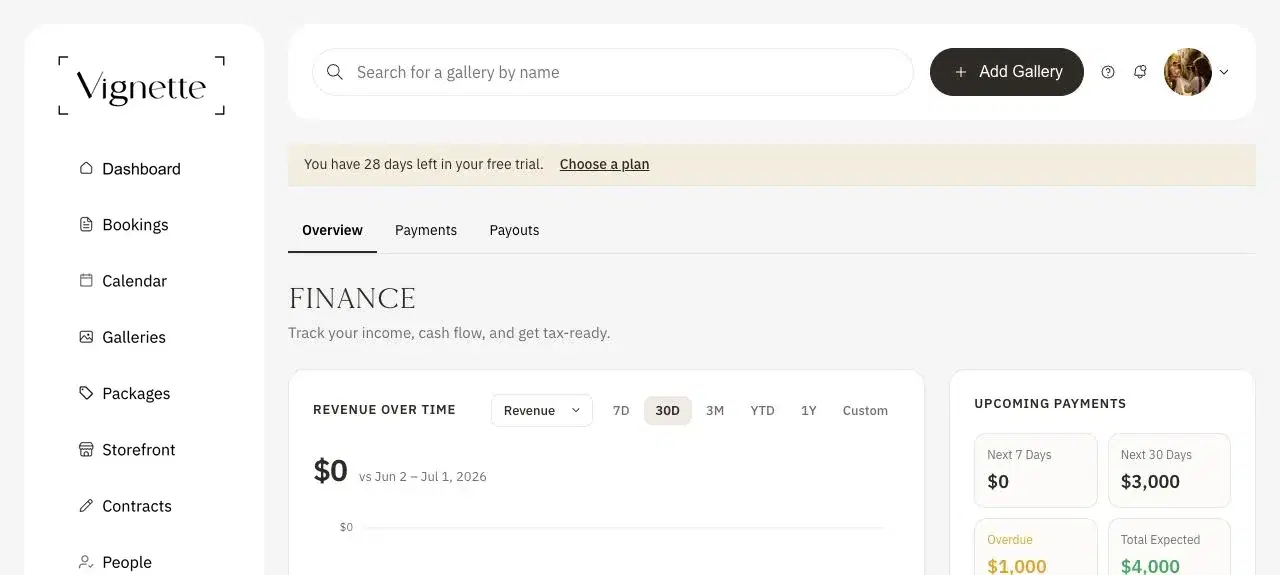 Vignette finance overview showing revenue and upcoming payment totals