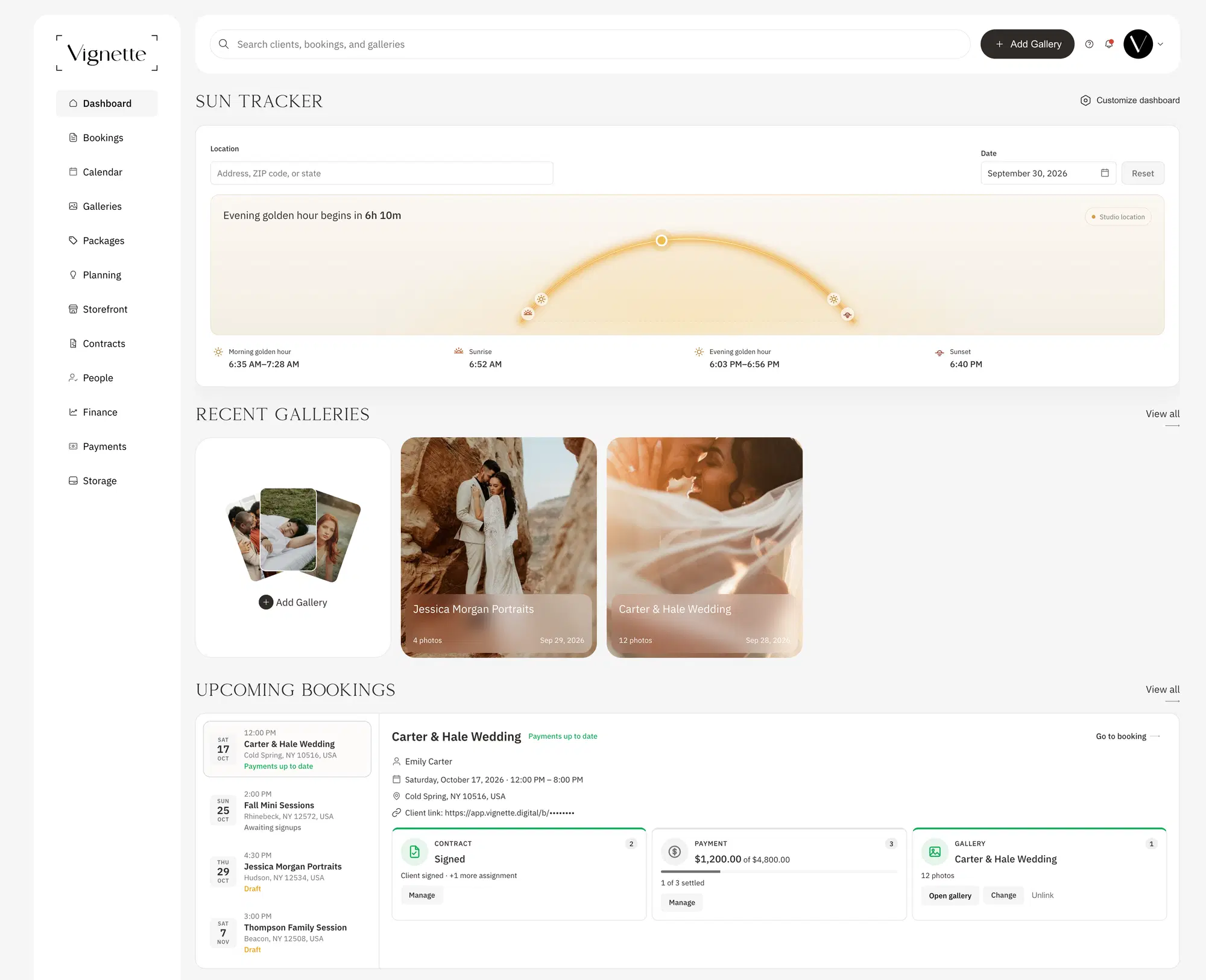 Vignette dashboard with a Sun Tracker counting down to evening golden hour, recent galleries, and upcoming bookings with contract, payment, and gallery status