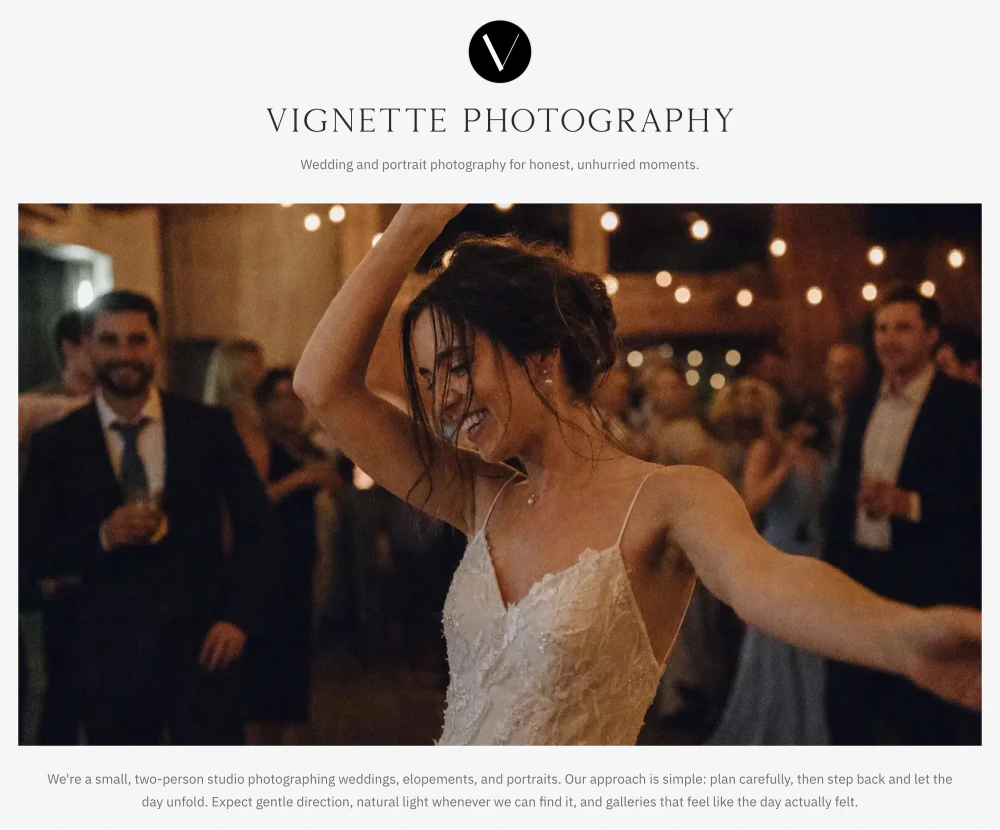 Public Vignette Photography storefront with the studio logo, a full-width hero photograph, and a short introduction to the studio